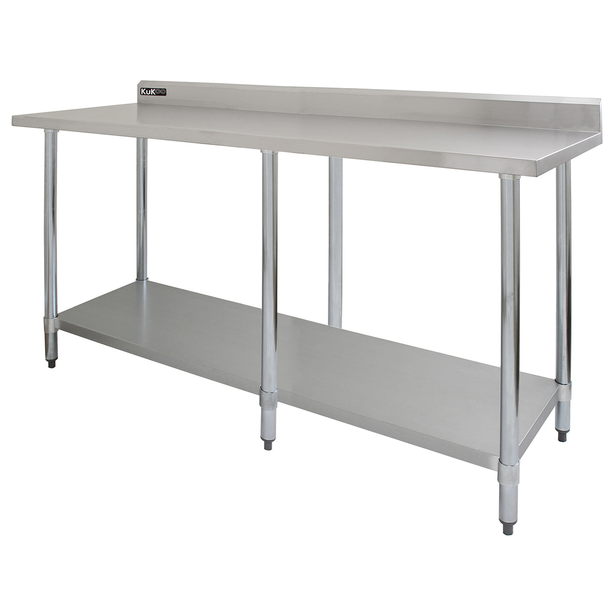 Plan de travail en inox KuKoo, 210 x 60 x 90 cm, surface lisse et brillante, structure robuste avec étagère inférieure, pieds réglables