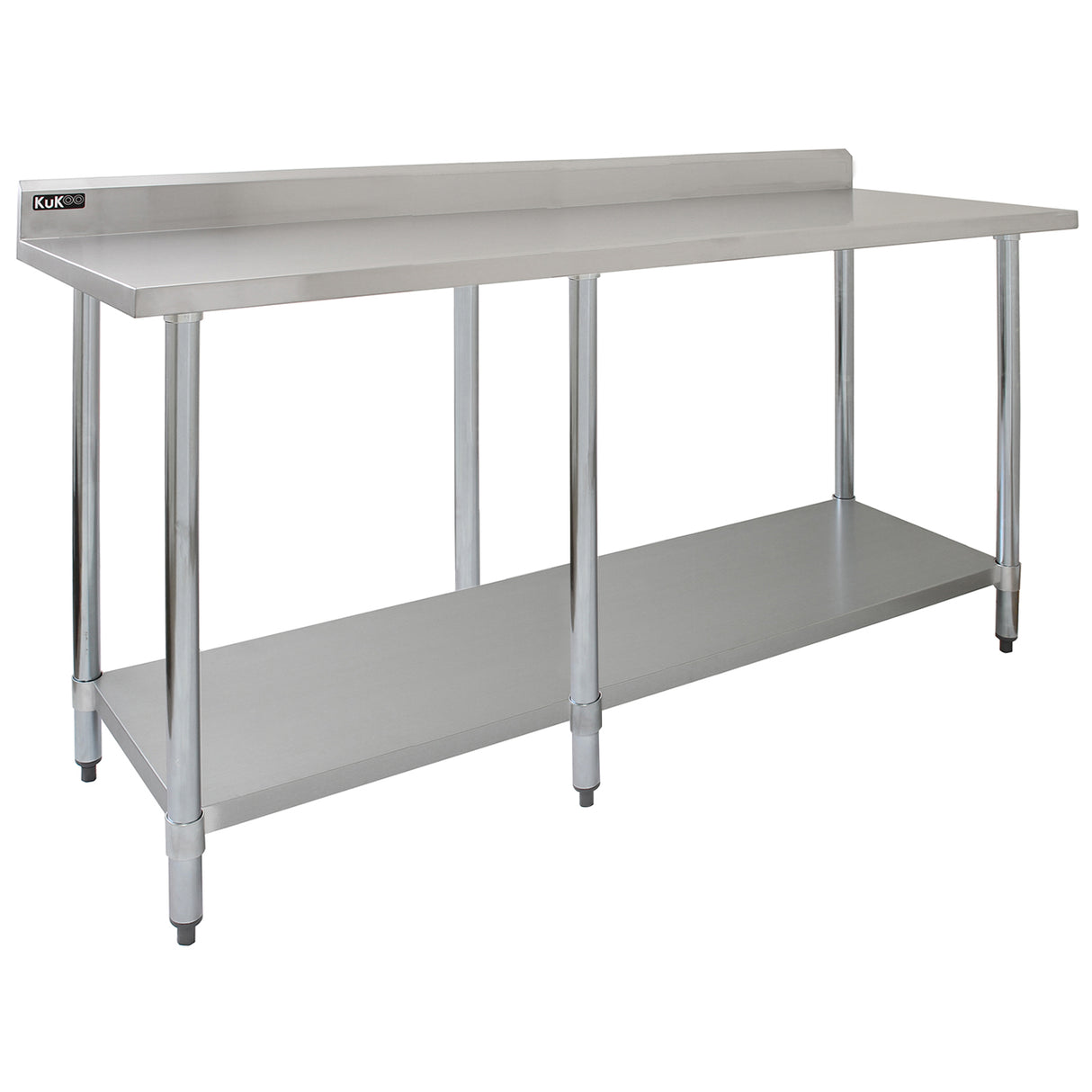 Plan de travail en inox KuKoo, 210 x 60 x 90 cm, surface lisse et brillante, structure robuste avec étagère inférieure, idéal pour cuisines professionnelles