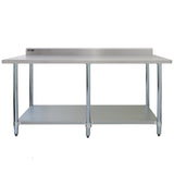 Plan de travail en inox KuKoo, dimensions 210 x 60 x 90 cm, surface lisse et brillante, avec étagère inférieure et pieds en acier inoxydable