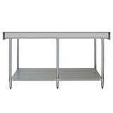 Plan de travail en inox argenté, dimensions 210 x 60 x 90 cm, surface lisse, structure robuste avec étagère inférieure ouverte