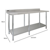 Plan de travail en inox KuKoo, dimensions 210 x 60 x 90 cm, surface lisse, finition brillante, avec étagère inférieure pour rangement