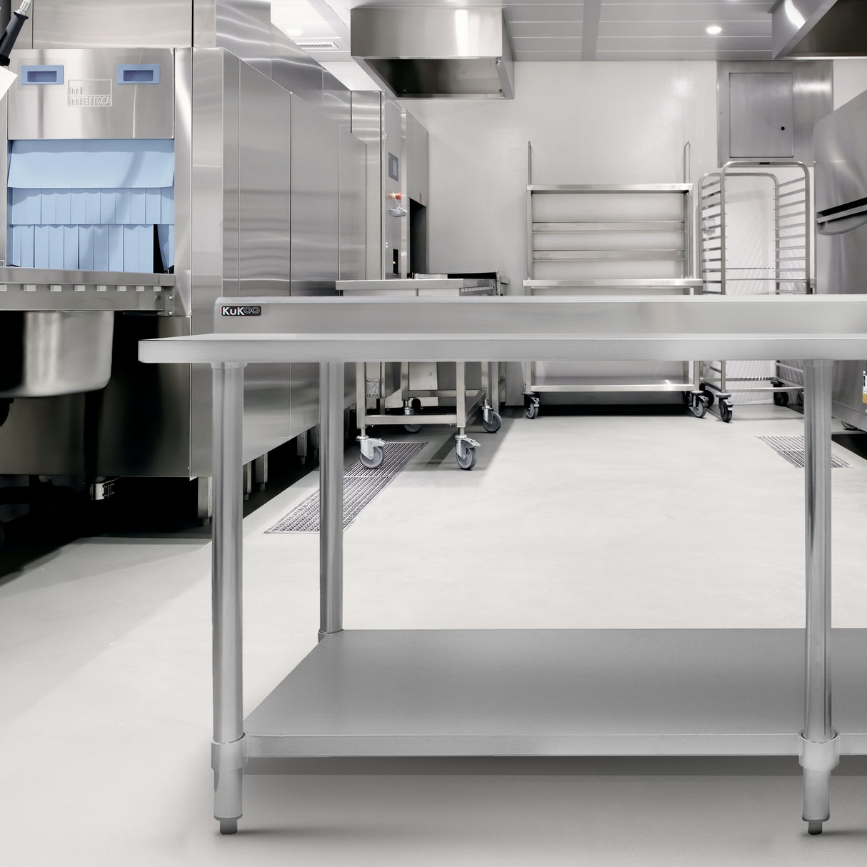 Plan de travail en inox KuKoo de 210 x 60 x 90 cm, surface lisse et brillante, pieds robustes, idéal pour les cuisines professionnelles