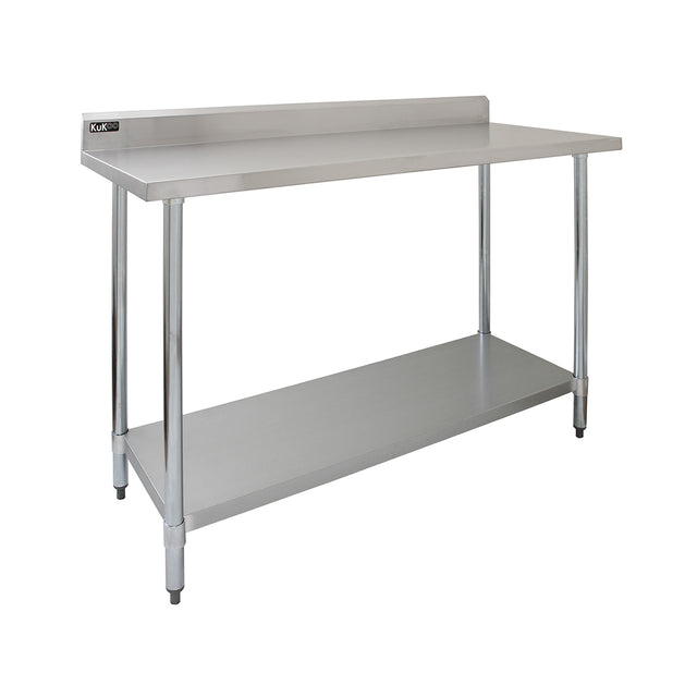 Plan de travail en inox KuKoo de 120 x 60 x 90 cm, surface lisse et brillante, avec étagère inférieure et pieds robustes en métal