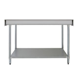 Plan de travail en inox de 120 x 60 x 90 cm, surface lisse et brillante, avec étagère inférieure et pieds robustes en métal argenté
