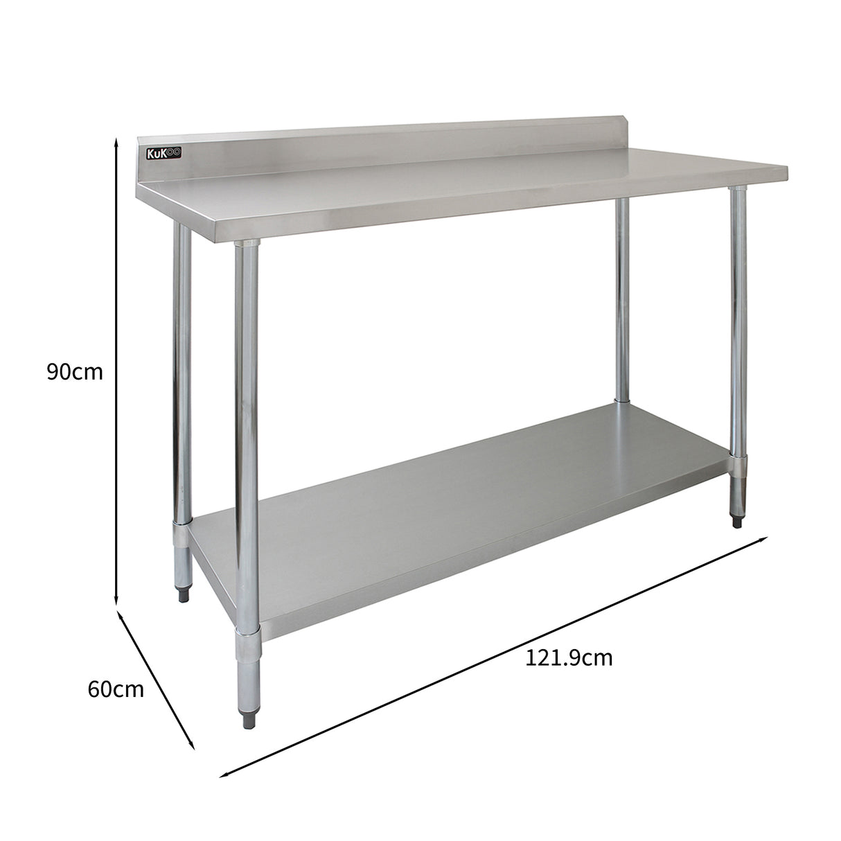 Plan de travail en inox KuKoo de 120 x 60 cm, surface lisse et brillante, pieds robustes, idéal pour cuisine professionnelle ou atelier