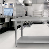 Plan de travail en inox KuKoo, dimensions 120 x 60 x 90 cm, surface lisse et brillante, conçu pour les cuisines professionnelles
