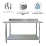 Plan de travail en inox KuKoo, dimensions 120 x 60 x 90 cm, avec pieds ajustables et protection arrière anti-éclaboussures de 10 cm