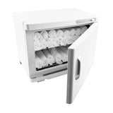 Chauffe-serviettes blanc de 23 L avec porte ouverte, révélant des serviettes blanches soigneusement enroulées à l'intérieur