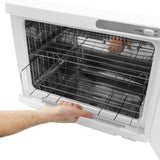 Chauffe-serviettes blanc de 23 L avec des grilles en métal, main tenant le tiroir, intérieur spacieux et design moderne