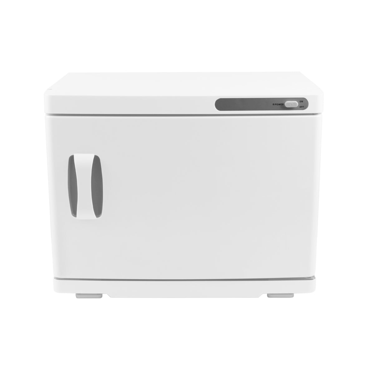 Chauffe-serviettes blanc de 23 L avec une finition lisse, poignée ergonomique et bouton de contrôle sur le devant