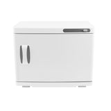 Chauffe-serviettes blanc de 23 L avec une finition lisse, poignée ergonomique et bouton de contrôle sur le devant