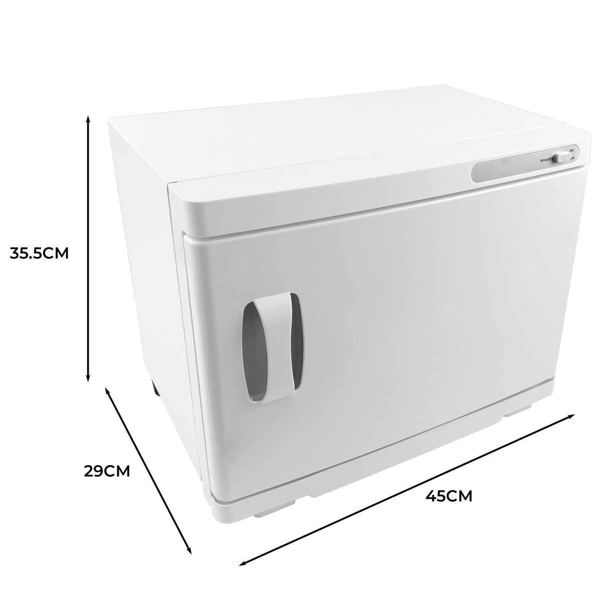 Chauffe-serviettes blanc de 23 L, design compact avec poignée, dimensions 45 cm de large, 35,5 cm de haut et 29 cm de profondeur