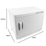 Chauffe-serviettes blanc de 23 L, design compact avec poignée, dimensions 45 cm de large, 35,5 cm de haut et 29 cm de profondeur