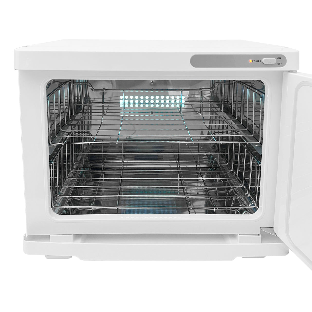 Chauffe-serviettes blanc de 23 L avec intérieur en acier inoxydable, grilles métalliques et éclairage LED, design moderne et épuré