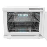 Chauffe-serviettes blanc de 23 L avec intérieur en acier inoxydable, grilles métalliques et éclairage LED, design moderne et épuré