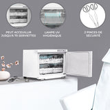 Chauffe-serviettes blanc de 23 L avec porte transparente, capacité de 70 serviettes, lampe UV et deux pinces de sécurité