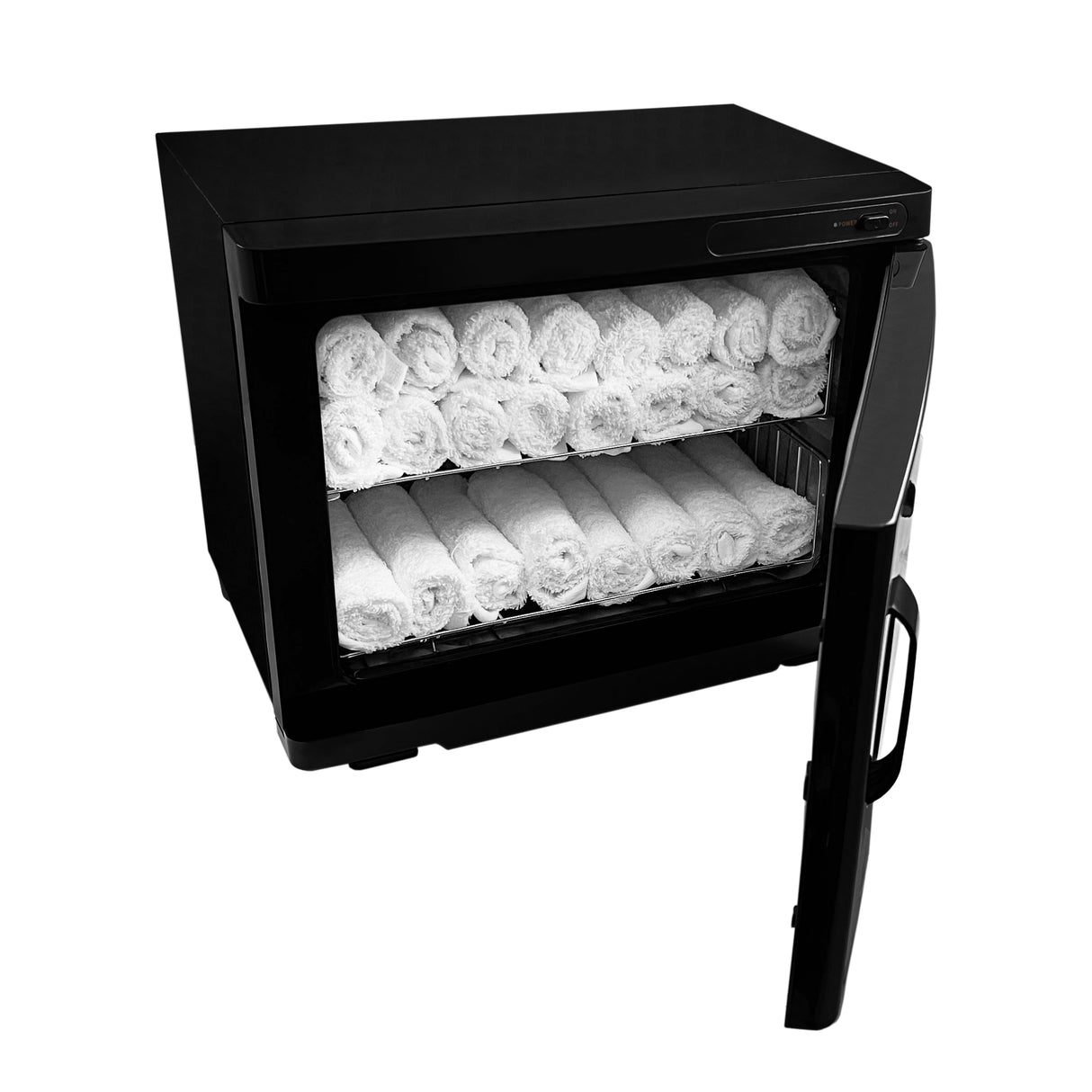 Chauffe-serviettes noir de 23 L avec porte ouverte, rempli de serviettes blanches roulées, offrant une texture douce et accueillante