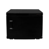 Chauffe-serviettes noir de 23 L, design compact avec une finition lisse, porte avant et poignée ergonomique pour un accès facile