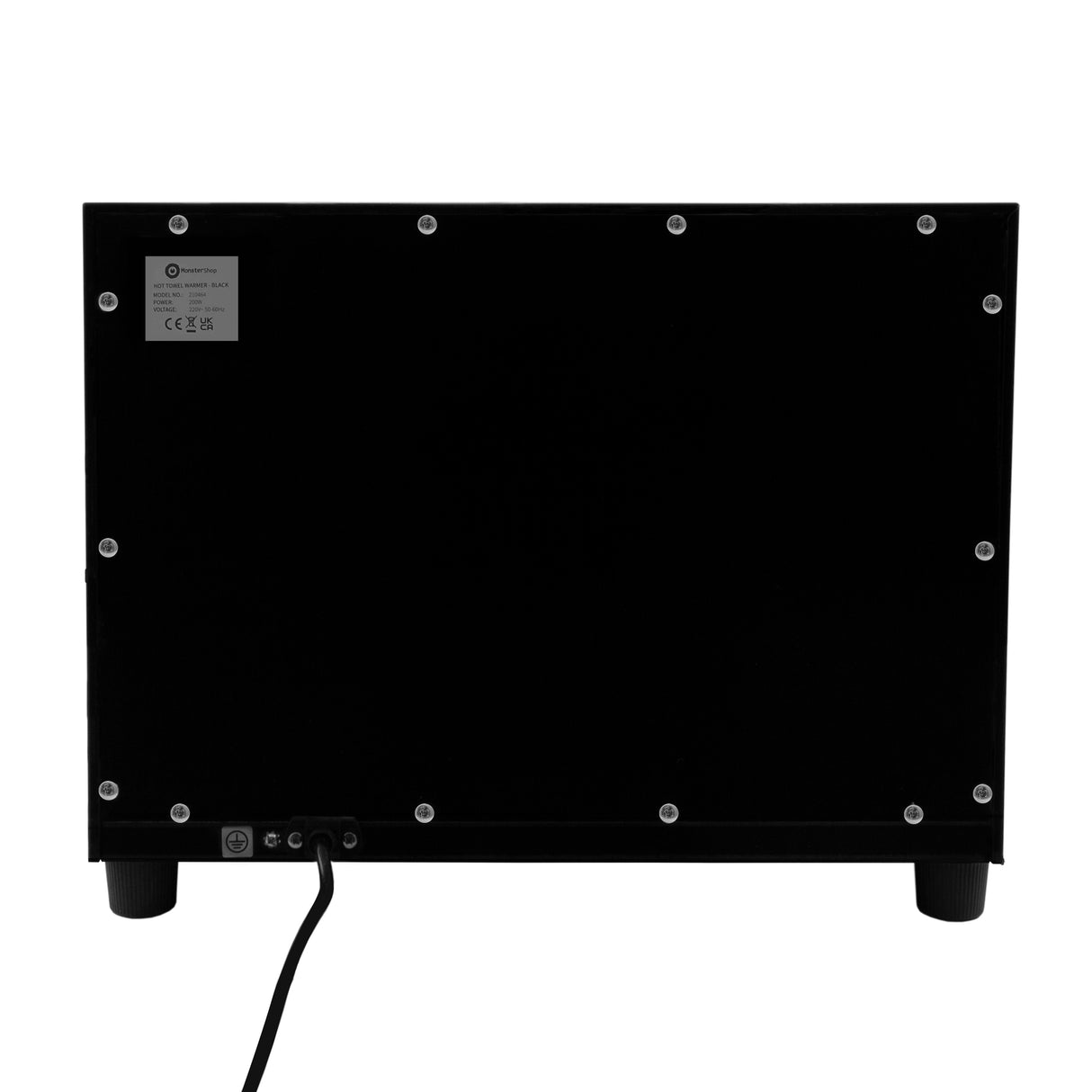Chauffe-serviettes noir de 23 L, surface lisse, arrière plat avec pieds en caoutchouc et câble d'alimentation visible, design moderne