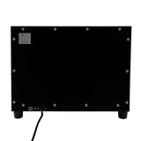 Chauffe-serviettes noir de 23 L, surface lisse, arrière plat avec pieds en caoutchouc et câble d'alimentation visible, design moderne