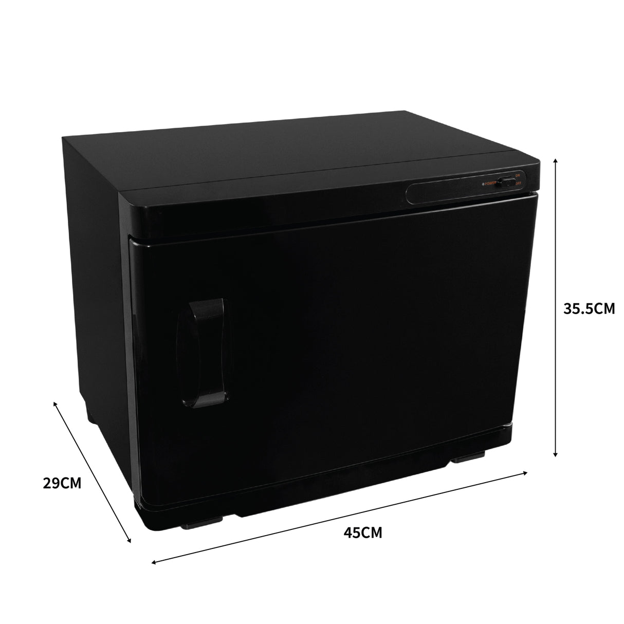 Chauffe-serviettes noir élégant de 23 L, dimensions 45 cm x 29 cm x 35,5 cm, surface lisse et finition moderne, idéal pour la salle de bain