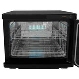 Chauffe-serviettes noir de 23 L avec intérieur en acier inoxydable, grilles en métal et éclairage LED, design moderne et élégant