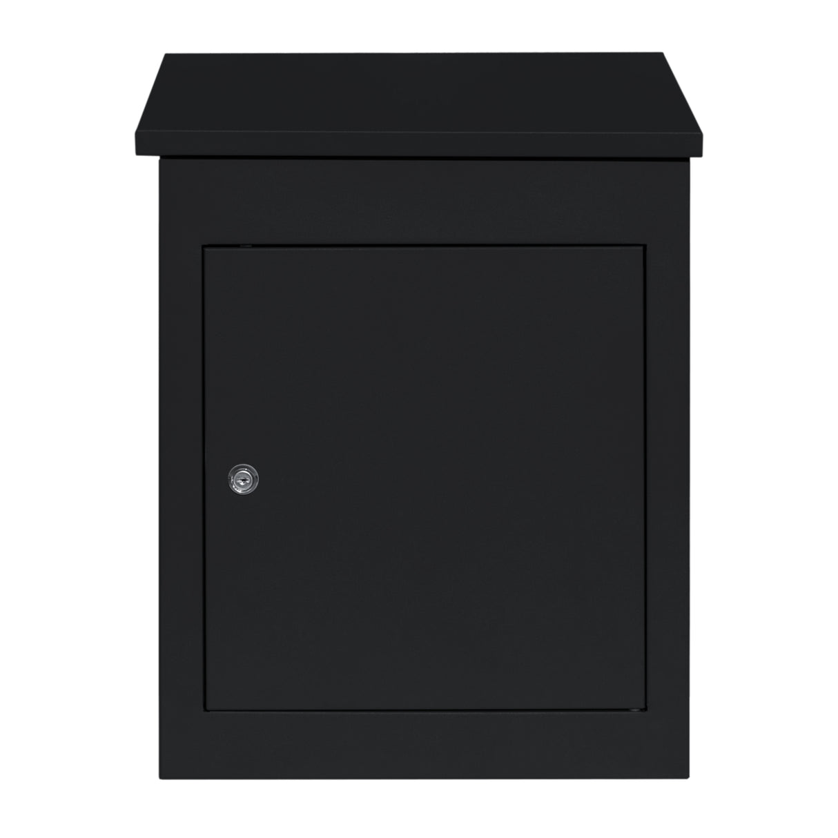 Boîte à colis anti-vol noire, design moderne, finition mate, porte sécurisée avec serrure, idéale pour la livraison à plat
