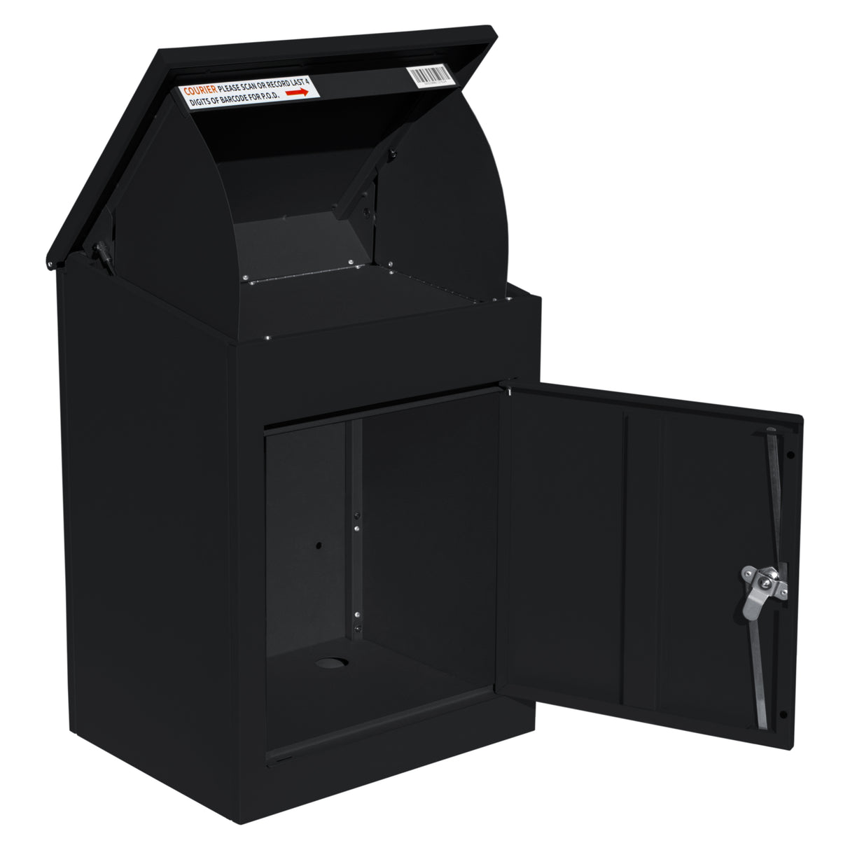 Boîte à colis anti-vol noire, en métal, avec un design plat, une ouverture supérieure et une porte avant sécurisée pour protéger vos livraisons