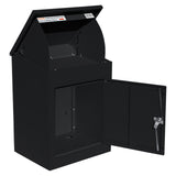 Boîte à colis anti-vol noire, en métal, avec un design plat, une ouverture supérieure et une porte avant sécurisée pour protéger vos livraisons