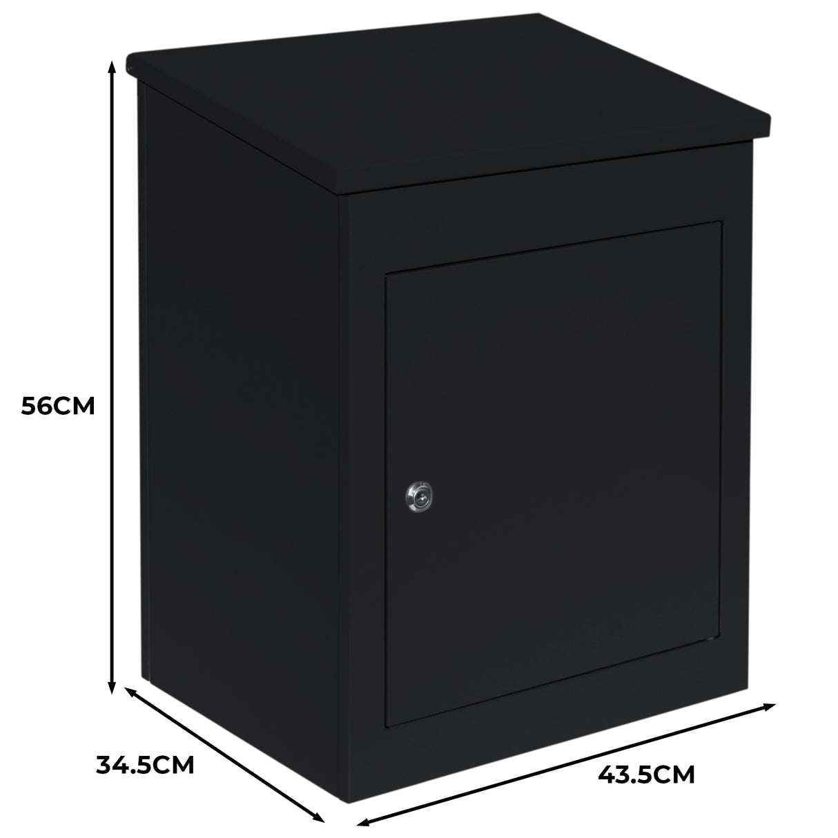Boîte à colis anti-vol noire, design moderne, dimensions 56 cm de hauteur, 43,5 cm de largeur, 34,5 cm de profondeur, surface lisse et élégante