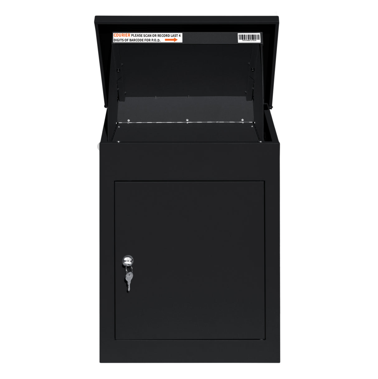 Boîte à colis anti-vol noire, en métal, avec une ouverture supérieure et une serrure, conçue pour la sécurité des livraisons