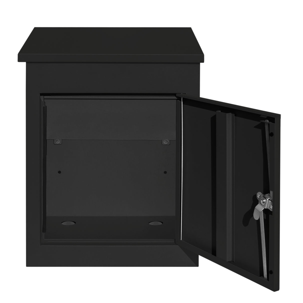 Boîte à colis anti-vol noire, design moderne avec une porte ouverte, finition lisse et texture mate, idéale pour la sécurité des livraisons