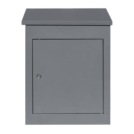 Boîte à colis anti-vol grise, en métal, avec une porte sécurisée et un design compact, idéale pour la livraison à plat