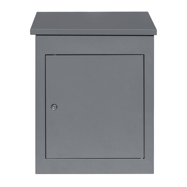 Boîte à colis anti-vol grise, en métal, avec une porte sécurisée et un design compact, idéale pour la livraison à plat