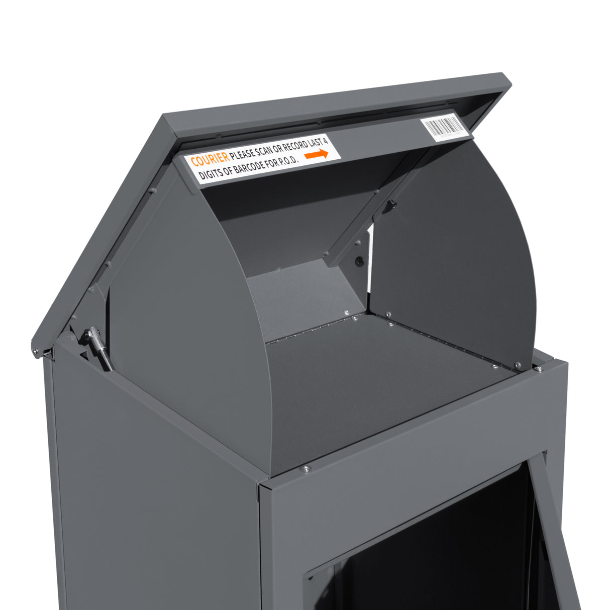 Boîte à colis anti-vol grise, conçue pour être livrée à plat, avec un couvercle incurvé et un intérieur spacieux pour sécuriser les colis