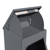 Boîte à colis anti-vol grise, conçue pour être livrée à plat, avec un couvercle incurvé et un intérieur spacieux pour sécuriser les colis