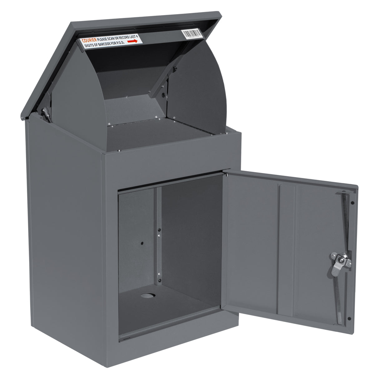Boîte à colis anti-vol grise, en métal, avec un design compact et une porte verrouillable pour une sécurité optimale des livraisons