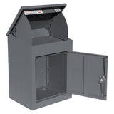 Boîte à colis anti-vol grise, en métal, avec un design compact et une porte verrouillable pour une sécurité optimale des livraisons