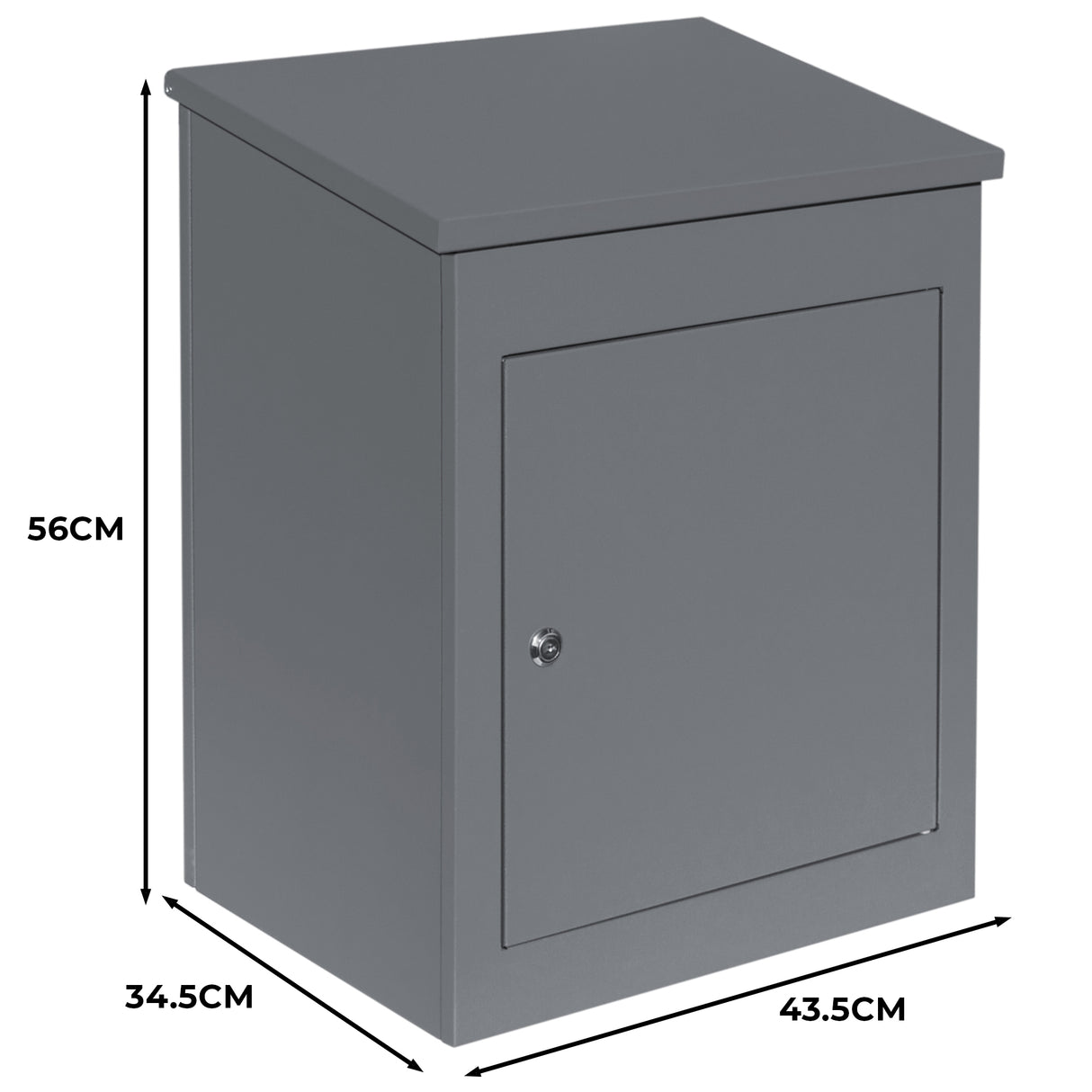 Boîte à colis anti-vol grise, en métal, dimensions 56 cm de hauteur, 43,5 cm de largeur, 34,5 cm de profondeur, finition lisse et moderne