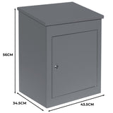 Boîte à colis anti-vol grise, en métal, dimensions 56 cm de hauteur, 43,5 cm de largeur, 34,5 cm de profondeur, finition lisse et moderne