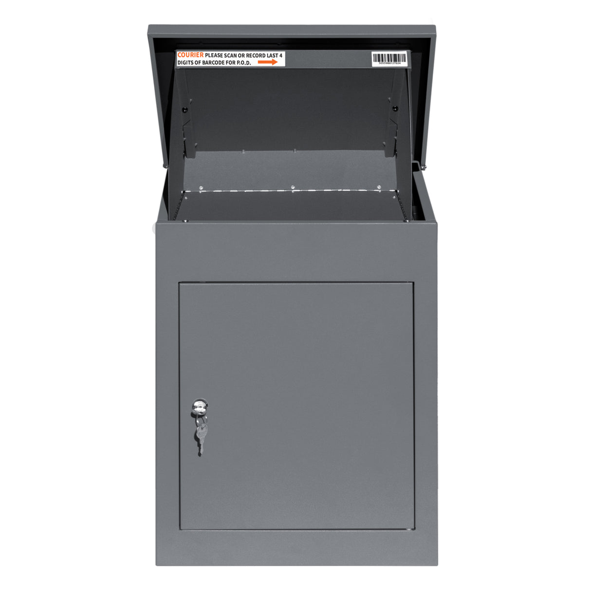 Boîte à colis anti-vol grise, en métal, avec un couvercle ouvert et une serrure, idéale pour la livraison sécurisée de colis
