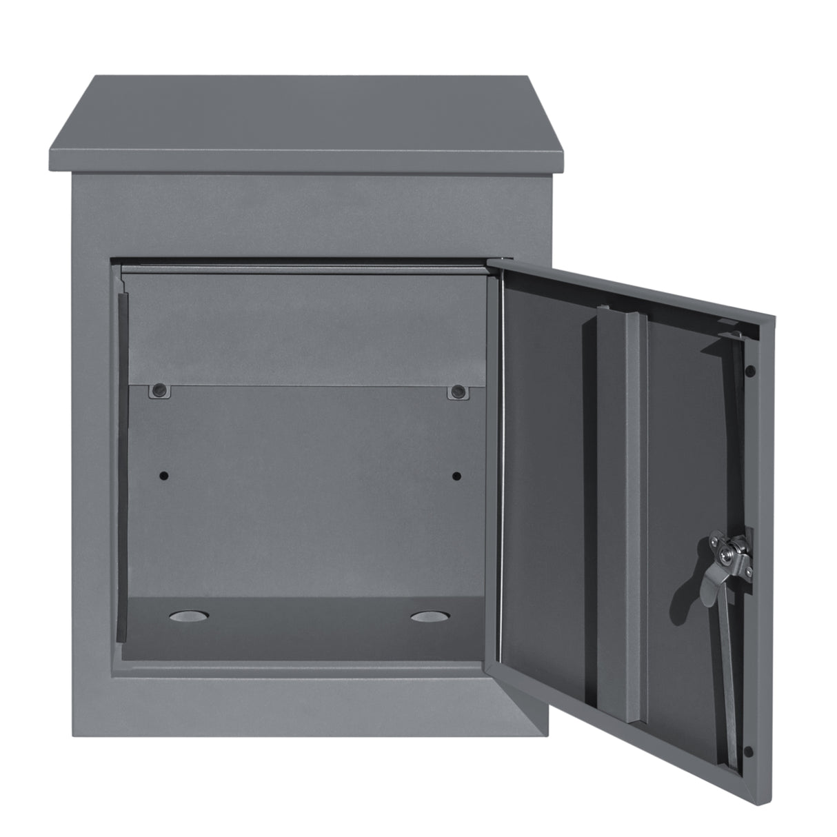 Boîte à colis anti-vol grise, design moderne, matériau métallique, porte ouverte avec serrure, idéale pour la livraison sécurisée