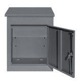 Boîte à colis anti-vol grise, design moderne, matériau métallique, porte ouverte avec serrure, idéale pour la livraison sécurisée