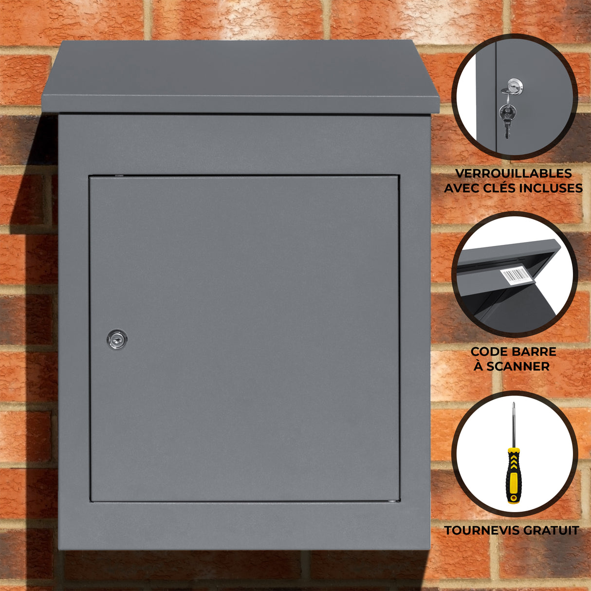 Boîte à colis anti-vol grise, en métal, avec serrure, clés incluses, et code-barres pour un accès sécurisé, design moderne et compact