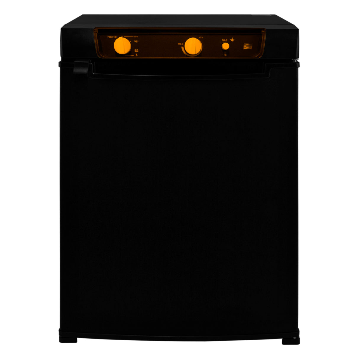 Frigo trimixte noir de 43 L pour camping-car, avec boutons orange, design compact et finition lisse, idéal pour le voyage