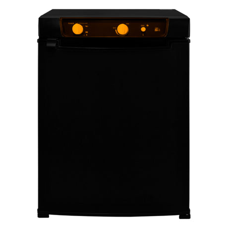 Frigo trimixte noir de 43 L pour camping-car, avec boutons orange, design compact et finition lisse, idéal pour le voyage
