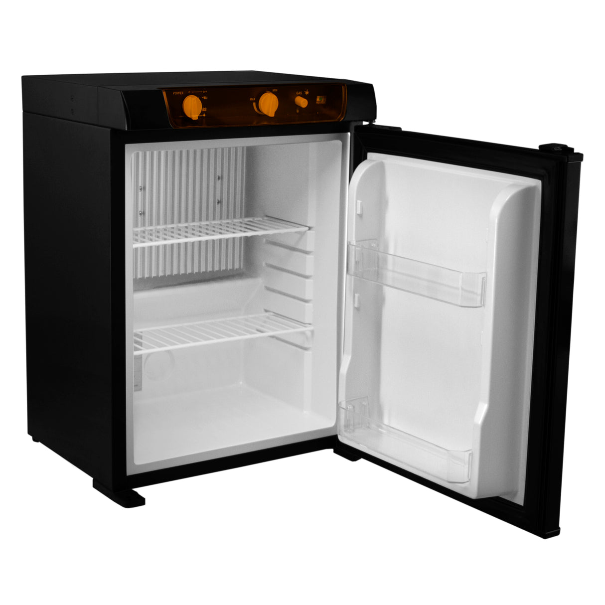 Frigo trimixte noir de 43 L pour camping-car, avec porte ouverte, étagères blanches et éclairage orange sur le panneau de contrôle