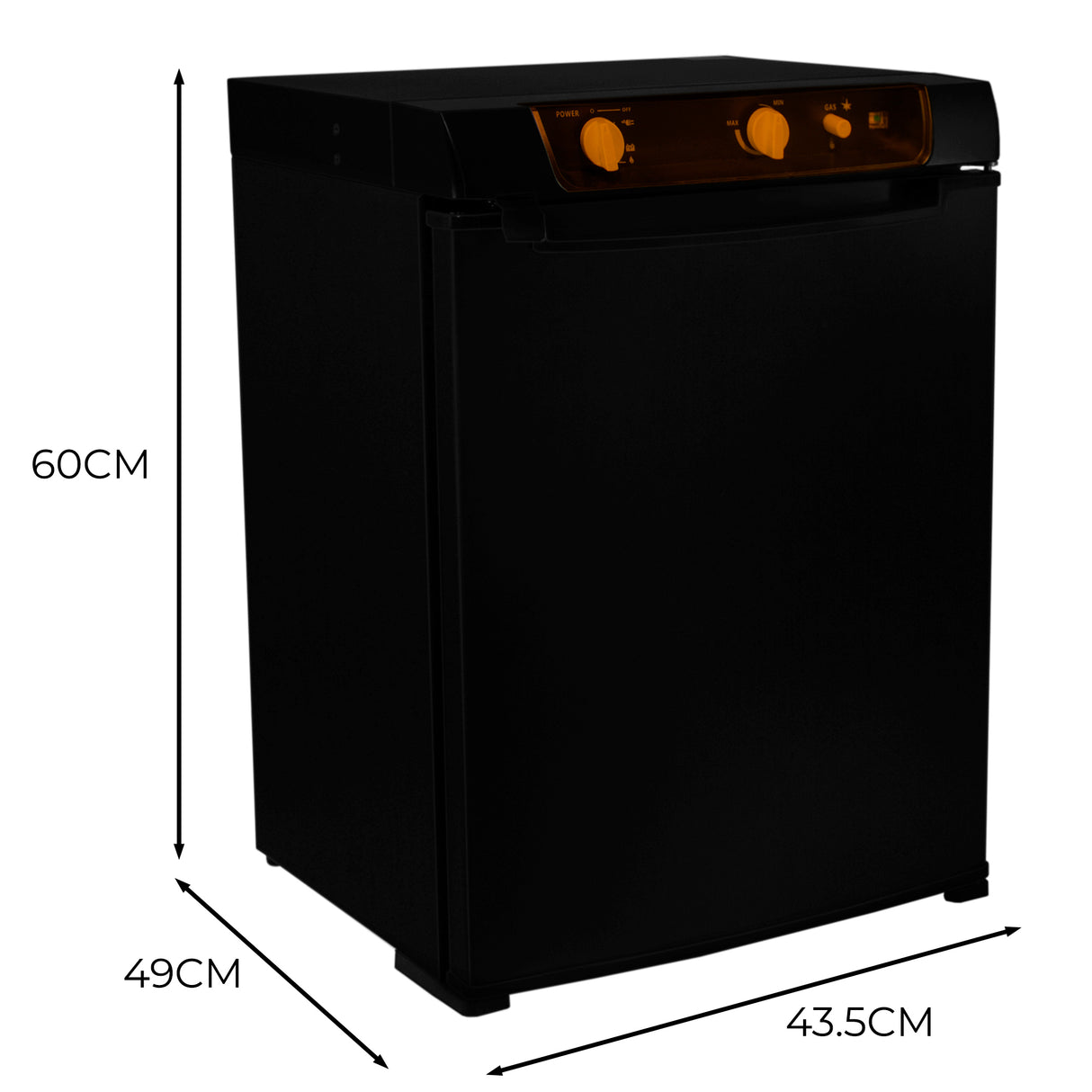 Frigo trimixte noir de 43 L pour camping-car, avec des dimensions de 60 cm de hauteur, 49 cm de largeur et 43,5 cm de profondeur