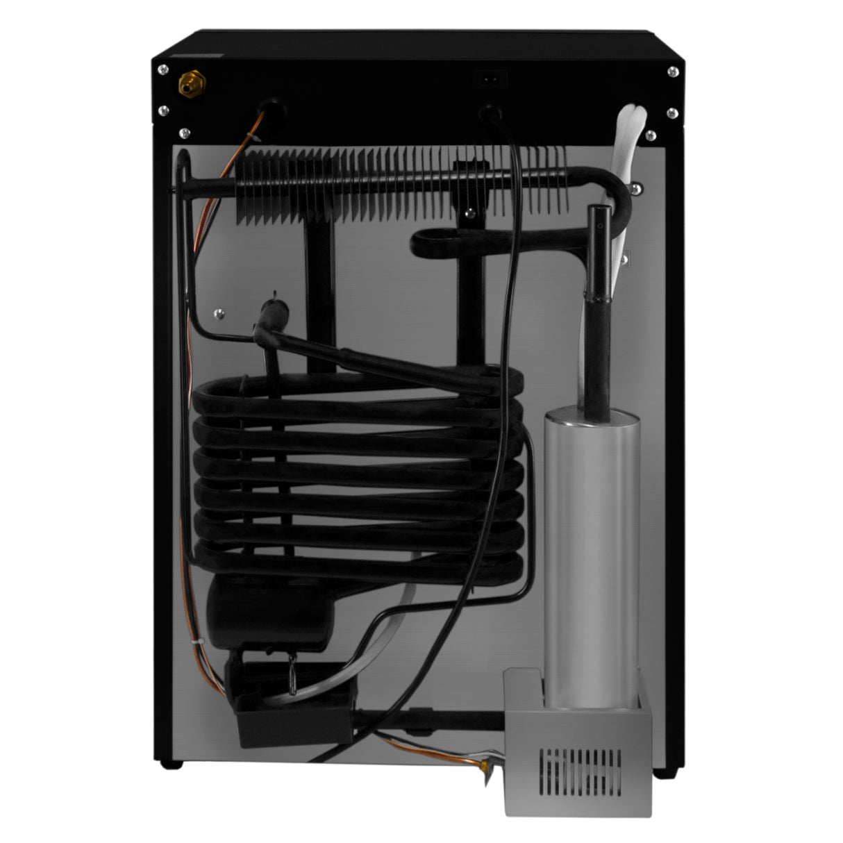 Frigo trimixte noir de 43 L pour camping-car, vue arrière montrant le système de refroidissement et les connexions électriques