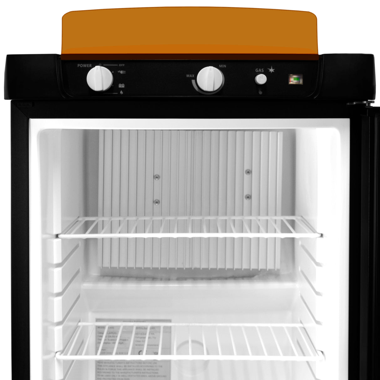Frigo trimixte noir de 43 L pour camping-car, avec étagères blanches, boutons de contrôle en haut et intérieur lumineux